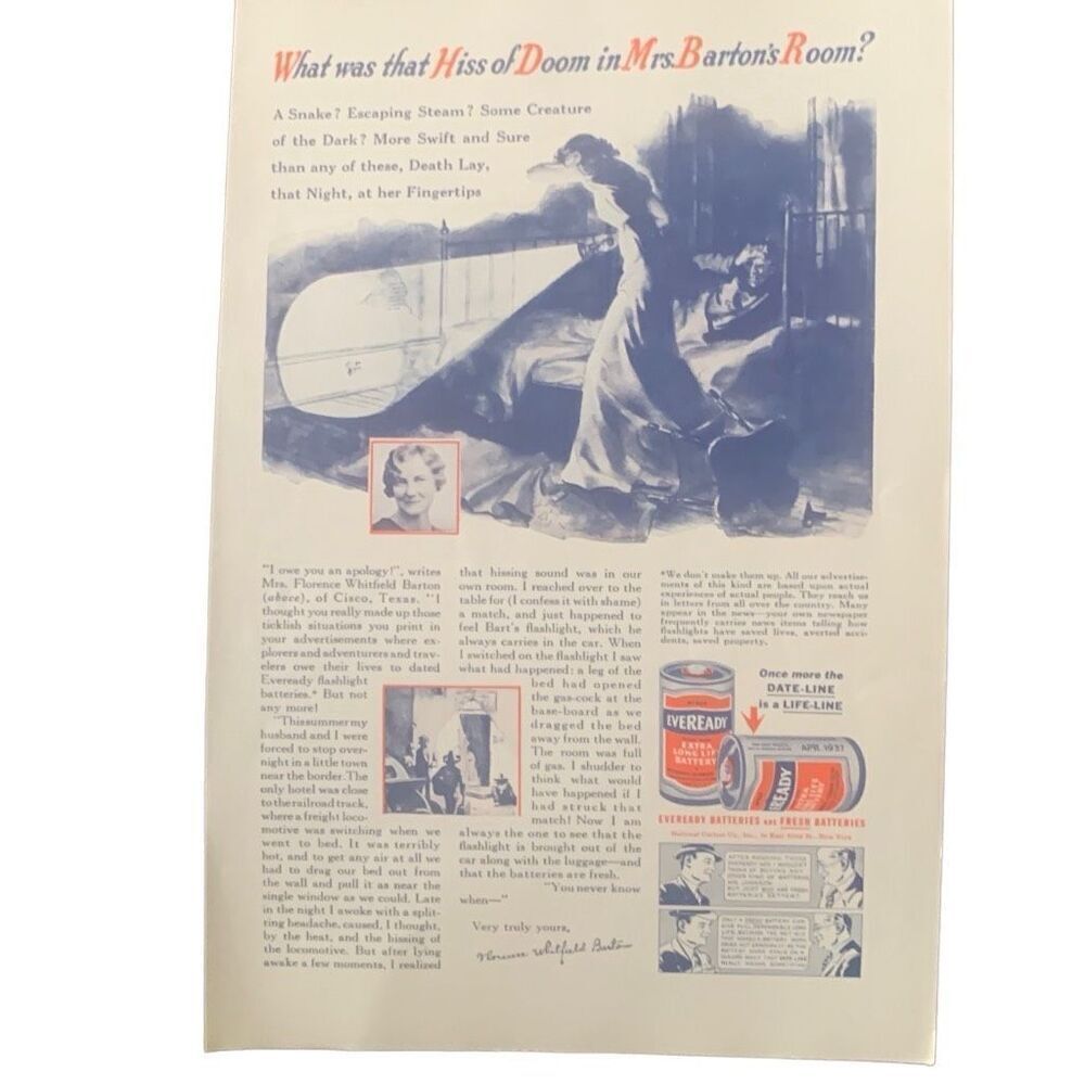 Vintage 1937 Eveready Batteries Hiss of Doom Ad Advertisement